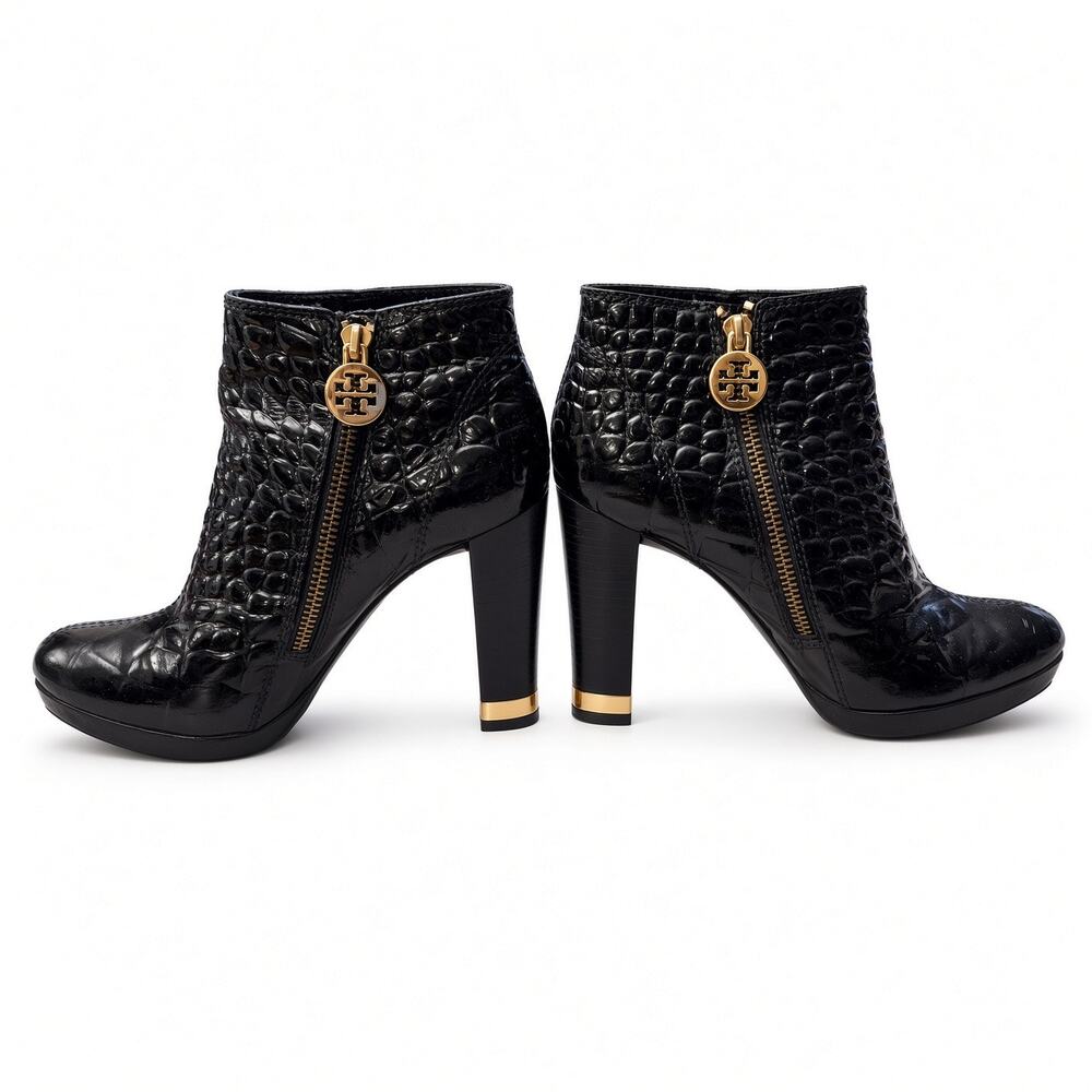 Tory Burch Black Croc Embossed Patent Platform Ankle Boots Size 6.5 Gold Logo